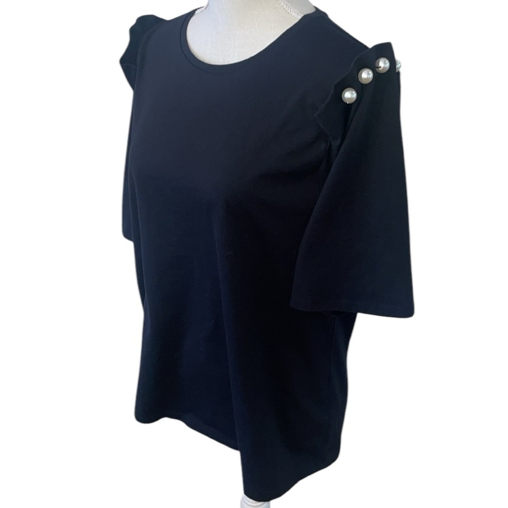 Chico’s Women’s Black Cotton Faux‎ Pearl Beaded Sleeves Blouse Top Shirt Size XL